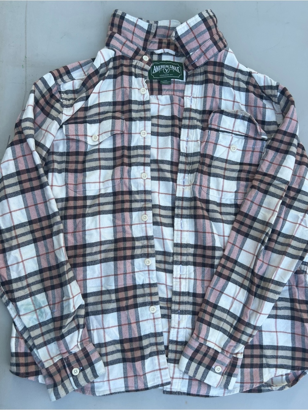 American Eagle Outfitters Pink, White and Brown Plaid Button-Down Shirt